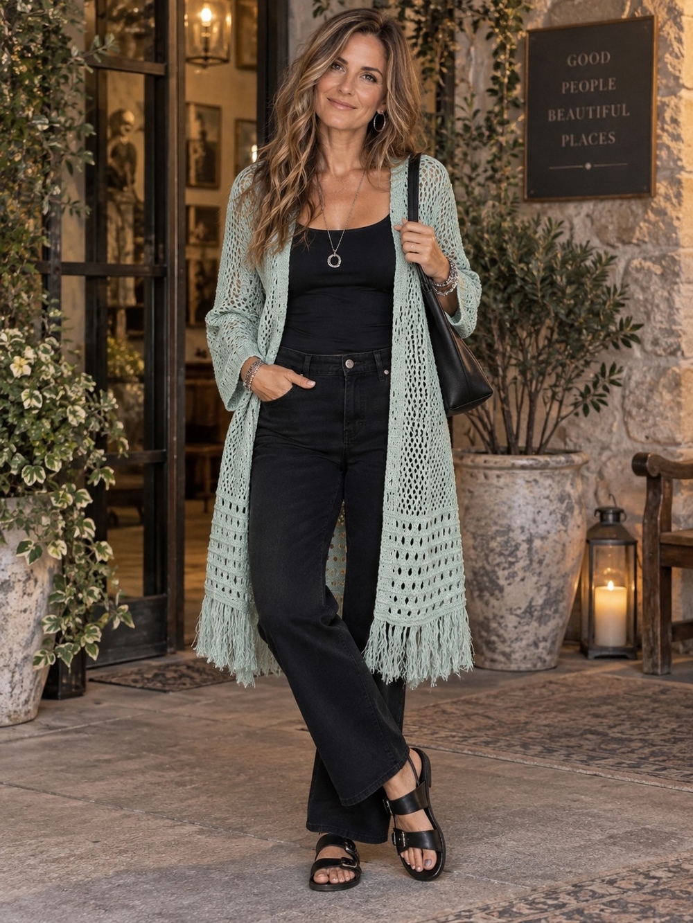 Audrey Parks Francesca’s M Mint Open Knit Long Cardigan Fringe Duster